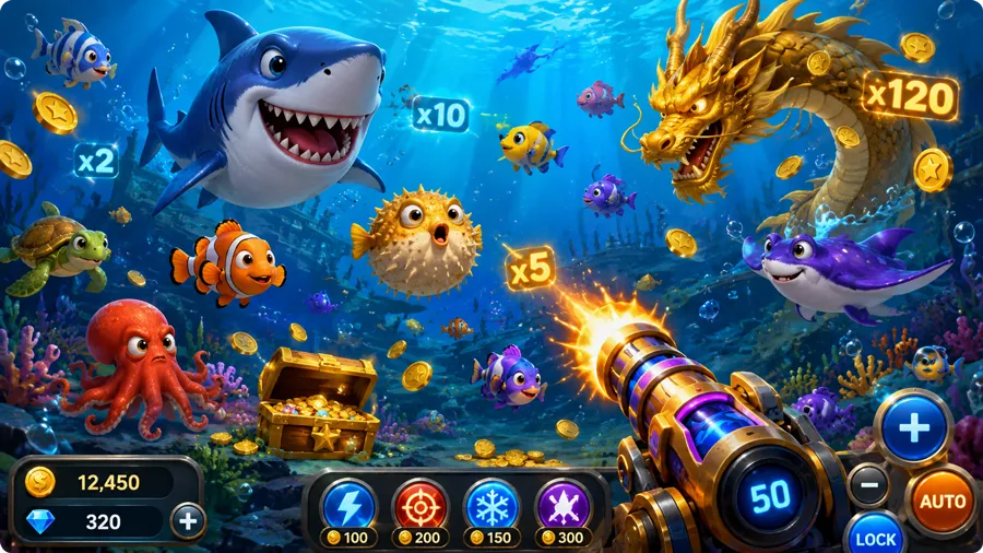 Underwater Fishing game with cannon targets and colourful fish