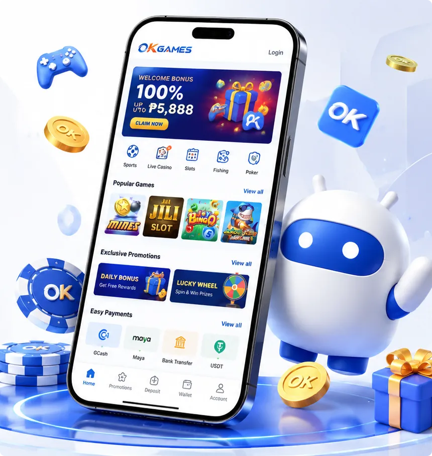 OKGames mobile app displayed on a smartphone