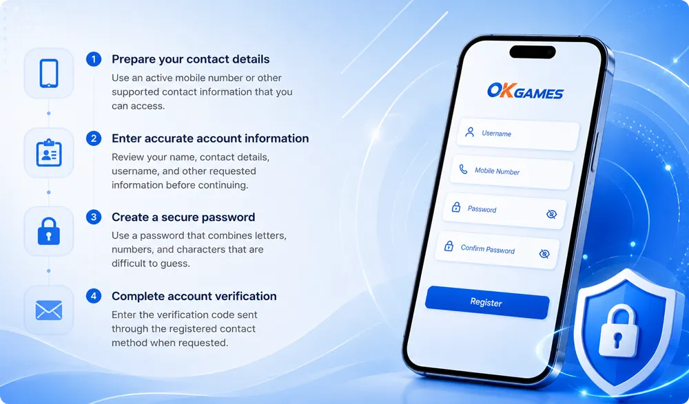 OKGames account registration displayed on a mobile device